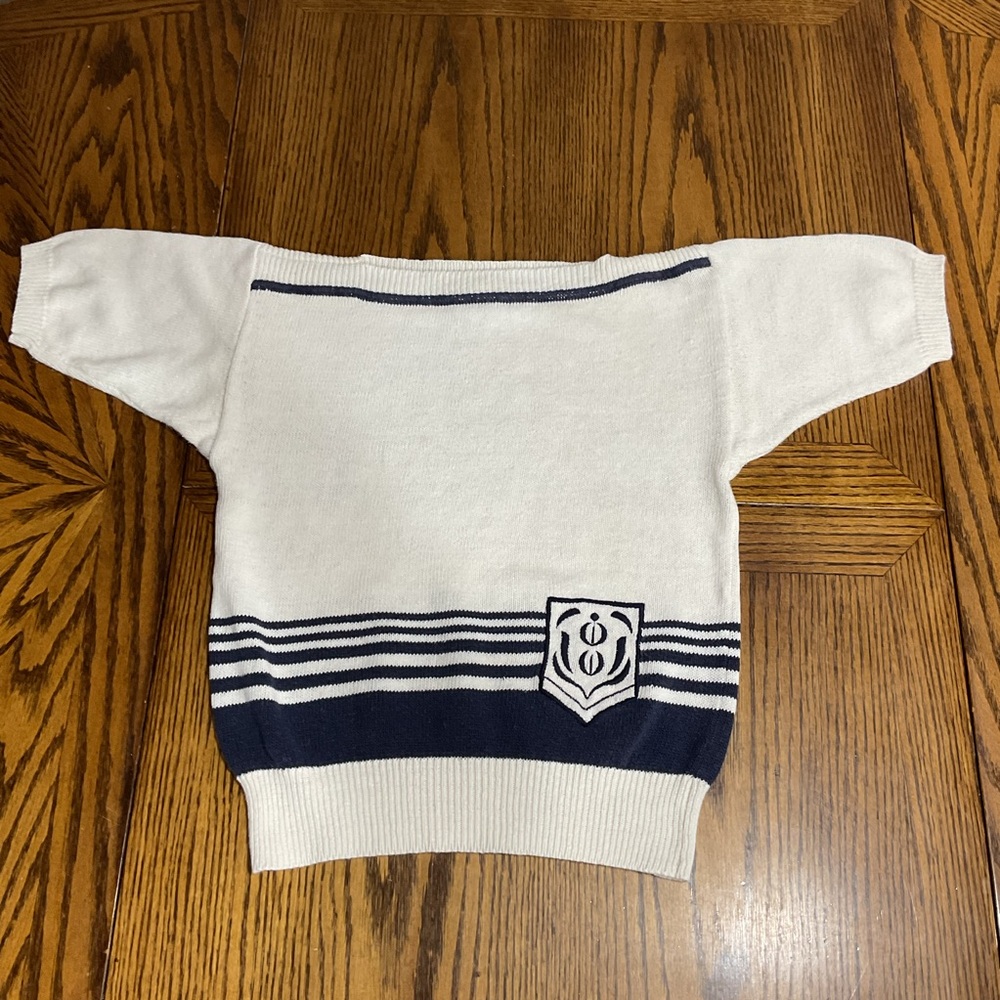 Navy Blue & White Nautical Design Rame Cotton short sleeve sweater S